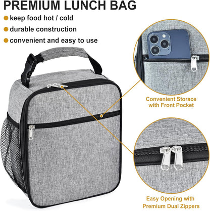 Insulated Lunch Bag, Leakproof Portable Lunch Box for Women Men Boys Girls, Large Capacity Cooler Bag with Handle and Bottle Pocket for Office School Camping Hiking Outdoor Beach Picnic (Black)