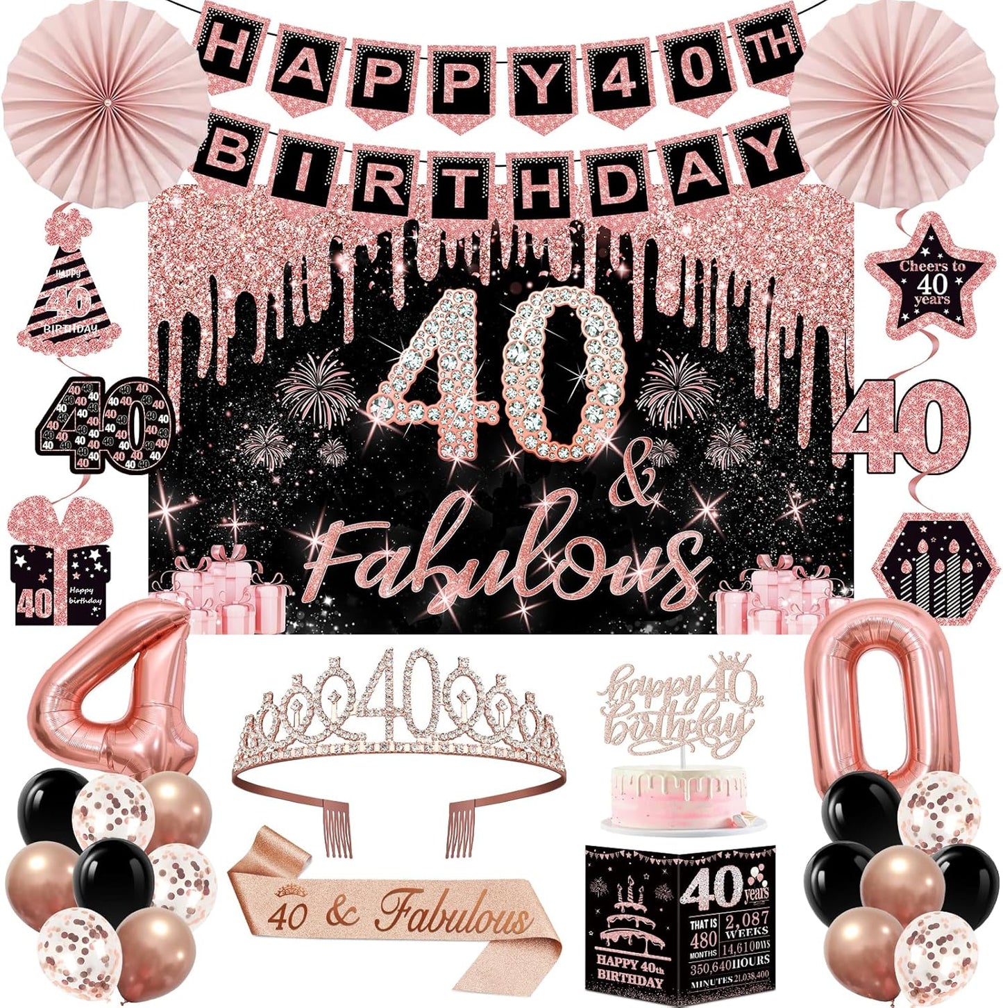 40th Birthday Decorations for Women,32pcs 40th Birthday Party Decorations,Including Backdrop, Crown,Sash,banner, Hanging Swirl,Cake Topper,balloons,Paper Fans,Anniversary Card and paper fans