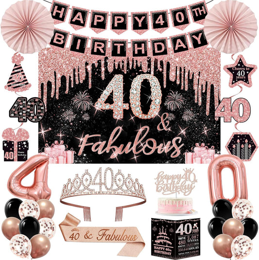 40th Birthday Decorations for Women,32pcs 40th Birthday Party Decorations,Including Backdrop, Crown,Sash,banner, Hanging Swirl,Cake Topper,balloons,Paper Fans,Anniversary Card and paper fans