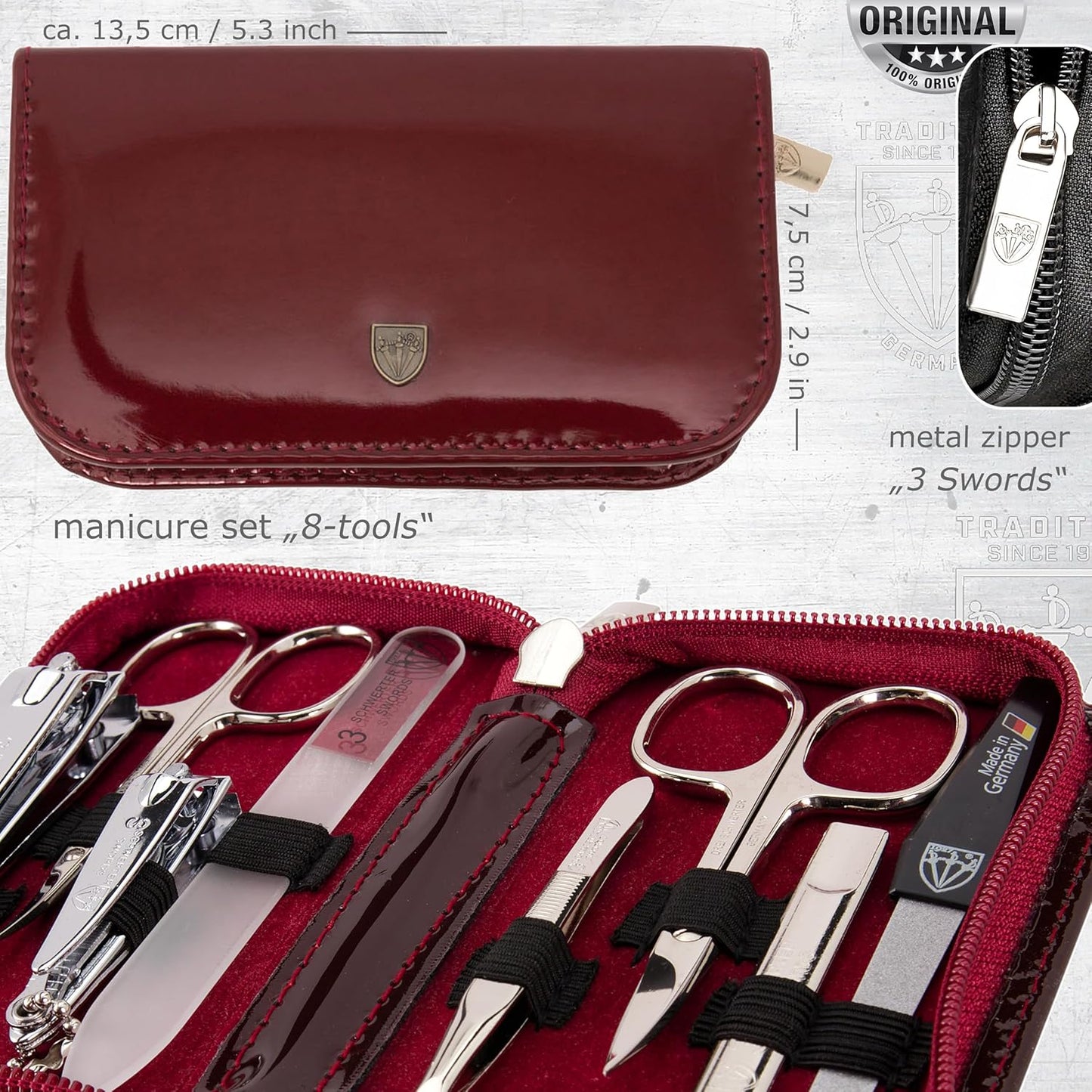 3 Swords Germany - brand quality 8 piece manicure pedicure grooming kit set for professional finger & toe nail care scissors clipper fashion leather case camou in gift box, Made in Germany