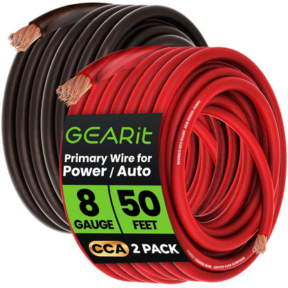 GEARit, 8 Gauge Wire, for Automotive Power/Ground, Battery Cable, Car Audio, RV, Amp, CCA, Automotive Wire, Amp Kit, Battery Cables, Wiring Kit, (25 feet Each- Black/Red)
