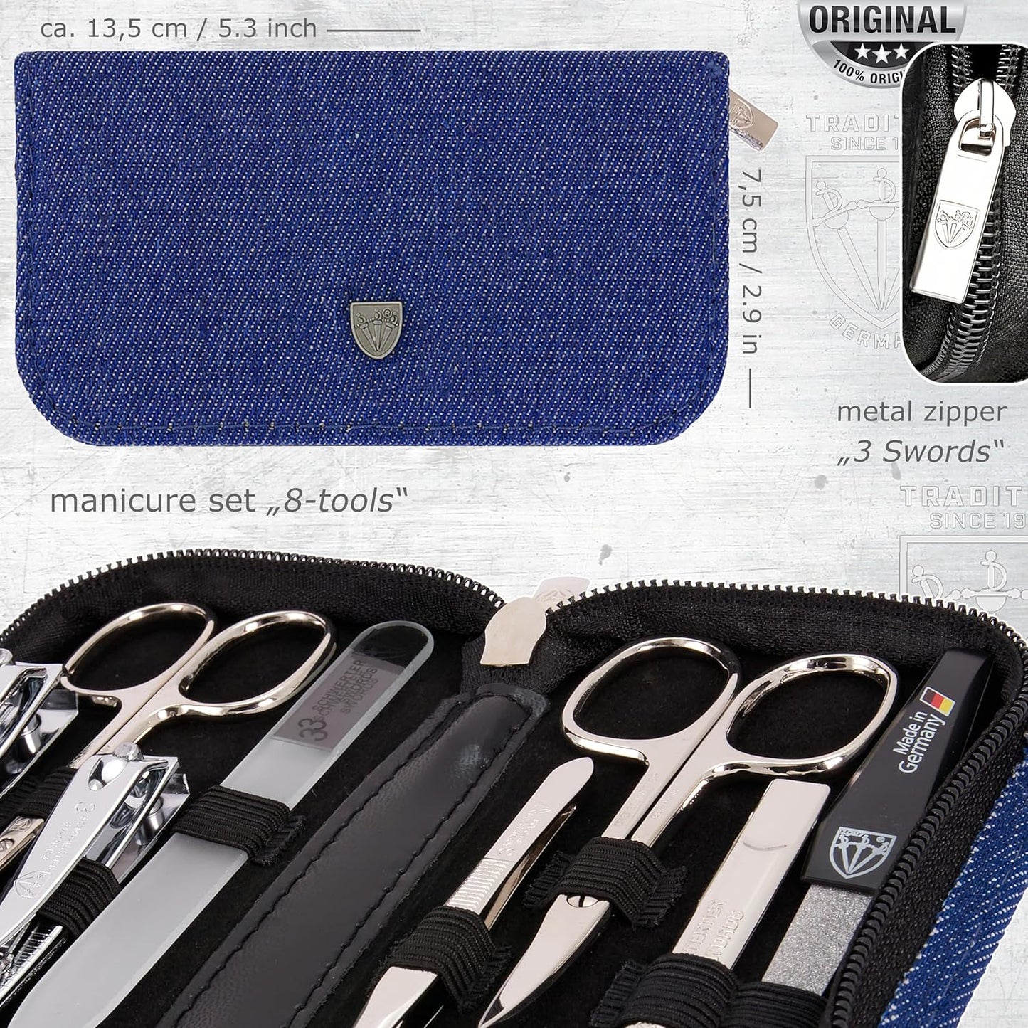 3 Swords Germany - brand quality 8 piece manicure pedicure grooming kit set for professional finger & toe nail care scissors clipper fashion leather case camou in gift box, Made in Germany
