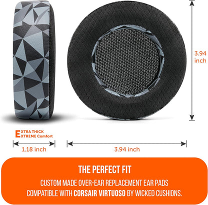 WC Freeze Virtuoso - Hybrid Fabric Cooling Gel Replacement Earpads for Corsair Virtuoso Gaming Headset, Made by Wicked Cushions, Improved Durability, Thickness and Sound Isolation |90s Black