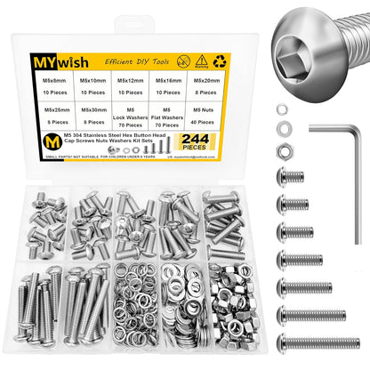 Mywish 900Pcs Metric Screw Assortment, M3 M4 M5 M6 Screw Assortment Kit 304 Stainless Steel Hex Socket Button Head Socket Cap Metric Screws Bolts & Flat Washers/Nuts/Hex Wrenches 16 Sizes 8MM to 20MM