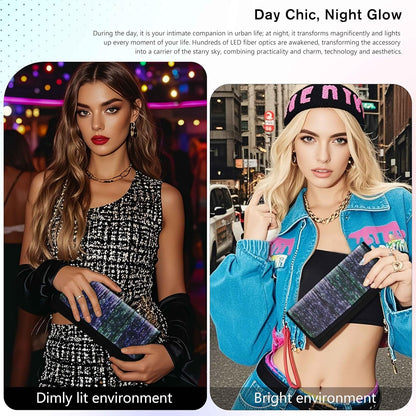 Larcenciel Clutch Purse for Women, LED Light Up Purse - 11 Neon Glow Modes, Holographic Evening Bag with Chain Strap, Rechargeable Party Handbag for Prom Disco Club Bar Night Events Weddings (Black)