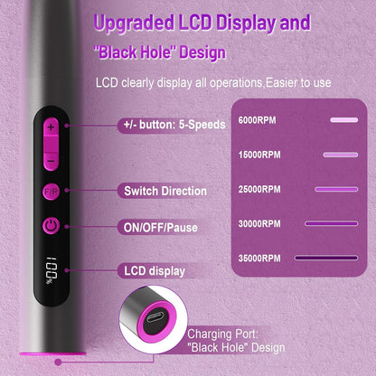 Electric Nail Drill Professional, 35000RPM Cordless Acrylic Nail Kit for Nail Polish Remover, Electric Nail File Buffer Grinder, Nail Filer Electric Manicure and Pedicure kit