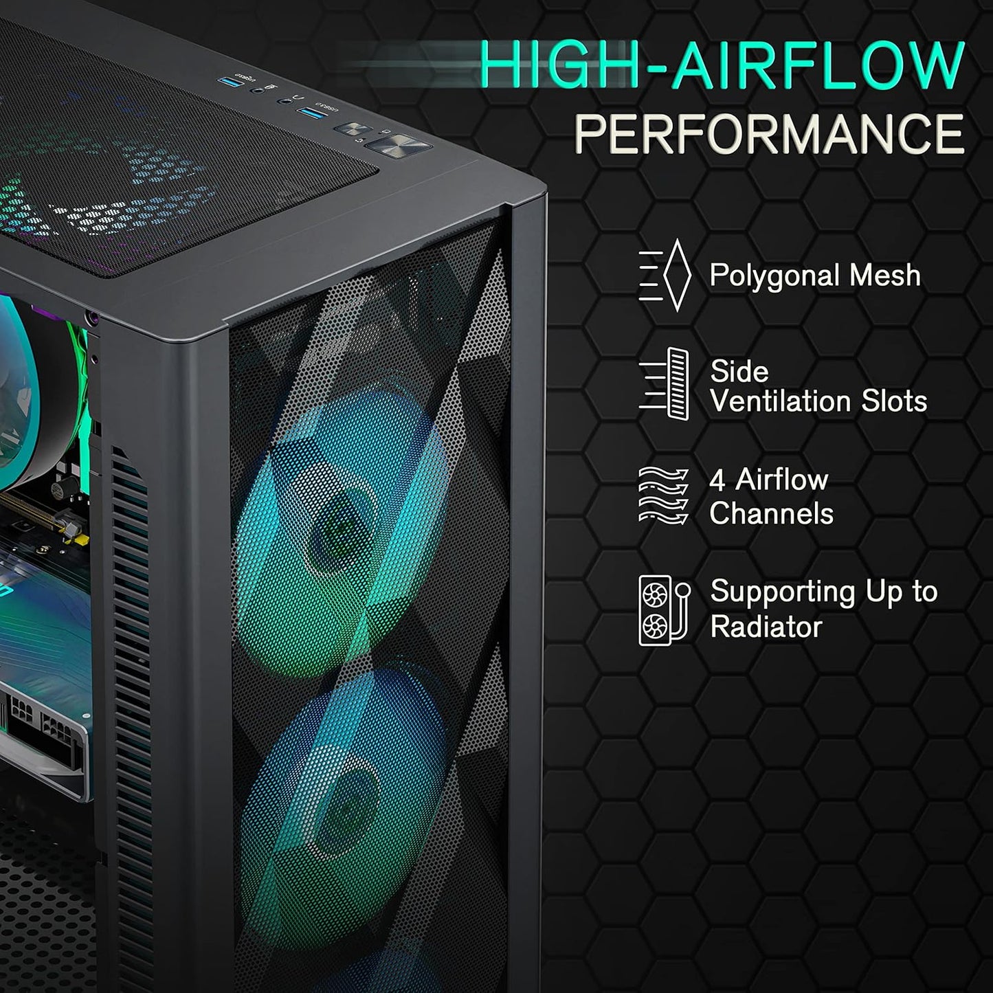 MUSETEX ATX PC Case, 6 x 120 mm PWM ARGB Fans pre-Install, Polygonal Mesh Gaming PC Case, Opening Tempered Glass Side Door Computer Case, Mid-Tower Case, USB 3.0 x 2, Black, NN8