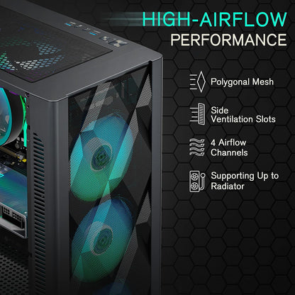 MUSETEX ATX PC Case, 6 x 120 mm PWM ARGB Fans pre-Install, Polygonal Mesh Gaming PC Case, Opening Tempered Glass Side Door Computer Case, Mid-Tower Case, USB 3.0 x 2, Black, NN8