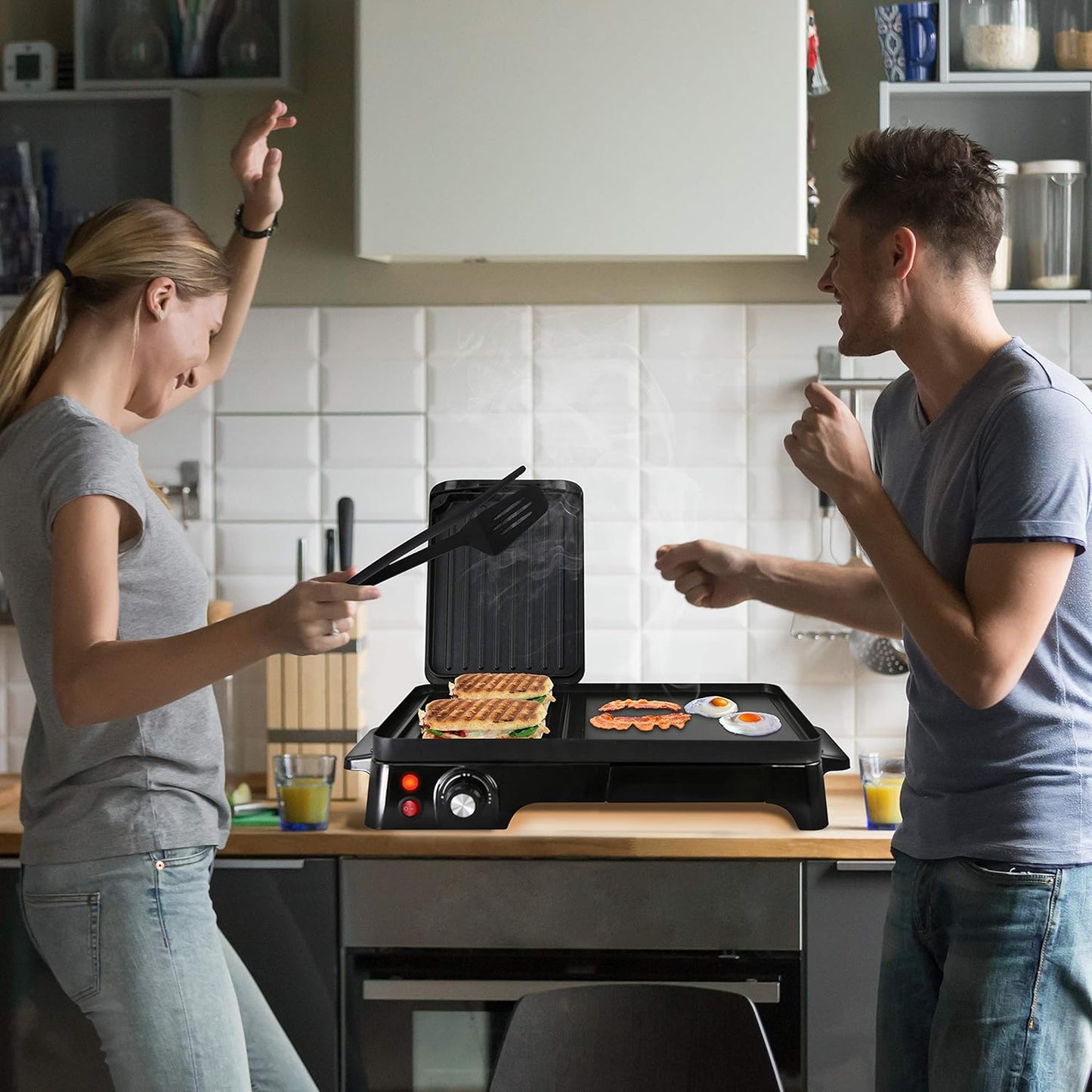 NutriChef Electric Griddle - Dual Hot Plate Cooktop Crepe Maker with Press Grill, Nonstick Coating, Rotary Temperature Control, Plug-in Operation & Oil Tray for Kitchen & Countertop (PKGRIL43)