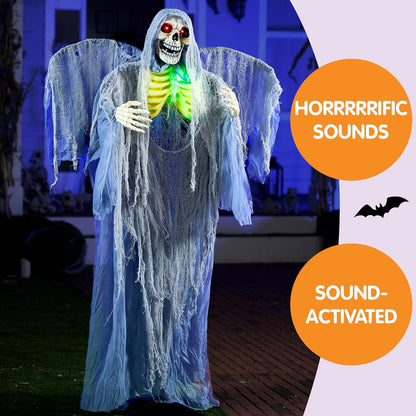JOYIN 67" Halloween Animatronic Grim Reaper Decoration with Wings, Life Size Standing Animated Ghost with Light-Up Eyes, Creepy Sound, and Movable Body for Halloween Haunted House Decorations