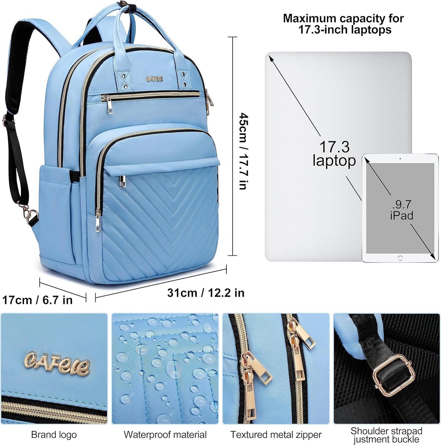 Laptop Backpack for Women Men, Water Resistant Travel Work Backpacks Purse Stylish College Business Teacher Nurse Computer Bag, Fits 17.3" Laptop Light Blue