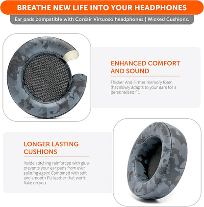 WC Upgraded Replacement Earpads for Corsair Virtuoso RGB Wireless Gaming Headset Made by Wicked Cushions | Improved Durability, Thickness, Softer Leather, and Sound Isolation | (Black Camo)