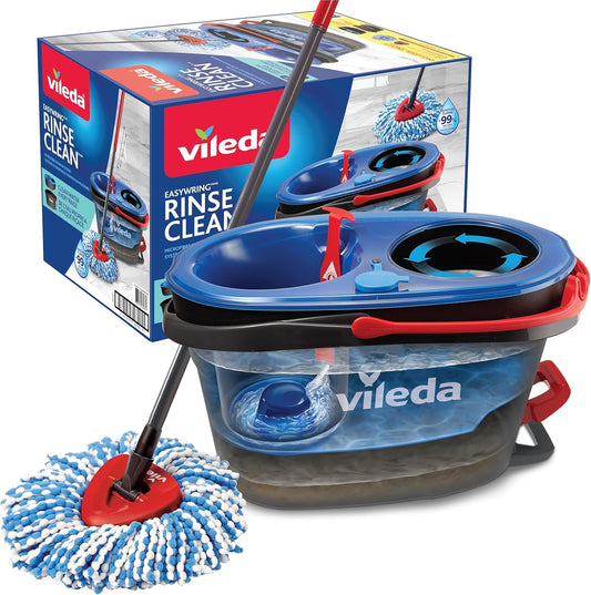 Vileda RinseClean Spin Mop & Bucket System | 2-Tanks Separate Clean and Dirty Water | Machine Washable and Reusable Microfibre Mop Head Replacement | Hands-Free Wringing Bucket