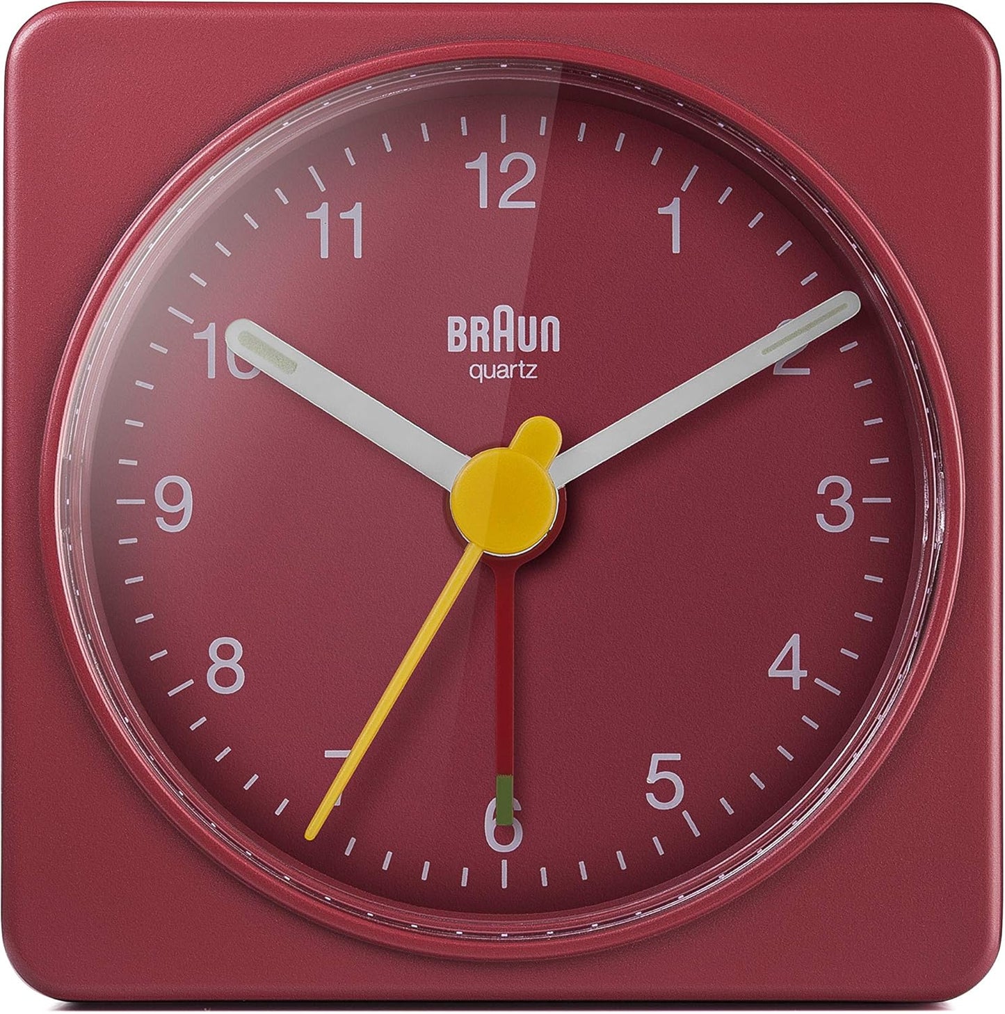 Braun Classic Travel Analogue Alarm Clock, Compact Size, Quiet Quartz Movement, Crescendo Beep Alarm in Red, Model BC02R.