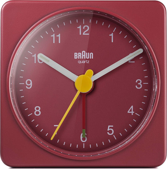 Braun Classic Travel Analogue Alarm Clock, Compact Size, Quiet Quartz Movement, Crescendo Beep Alarm in Red, Model BC02R.