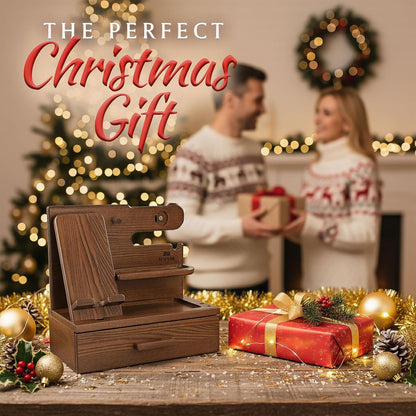 TESLYAR Wood Phone Docking Station with Drawer – Solid Wood Nightstand & Desk Organizer for Phone, Watch, Keys & Accessories - PuriLite
