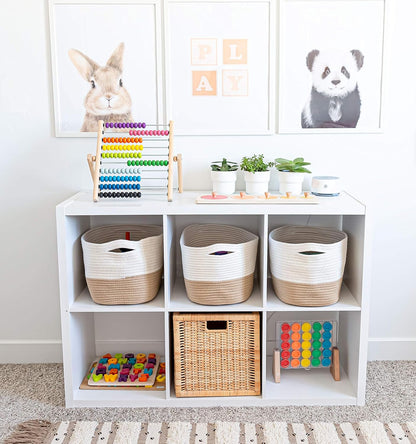 OrganiHaus Soft Woven Baskets for Storage Organization Set of 3, Cotton Rope Nursery Storage Baskets for Shelves, Square Book Bins, Bathroom Towel Hamper, Dog Toy Bins, Panier Rangement - Light Honey
