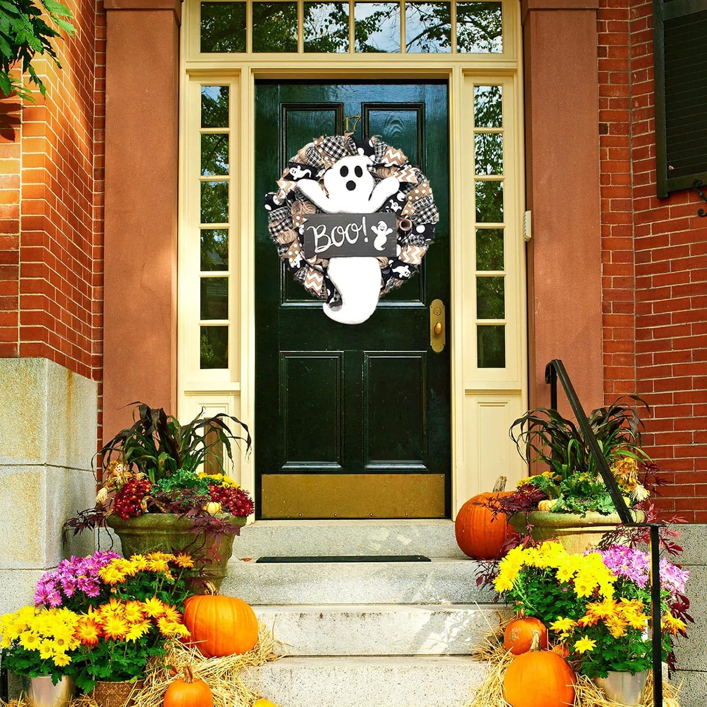 Dysetcs 15.7in Halloween Wreath for Front Door Cute Handmade Halloween Ghost Wreath Artificial Halloween Wreath for Front Door Window Wall Halloween Hanging Decoration,Black