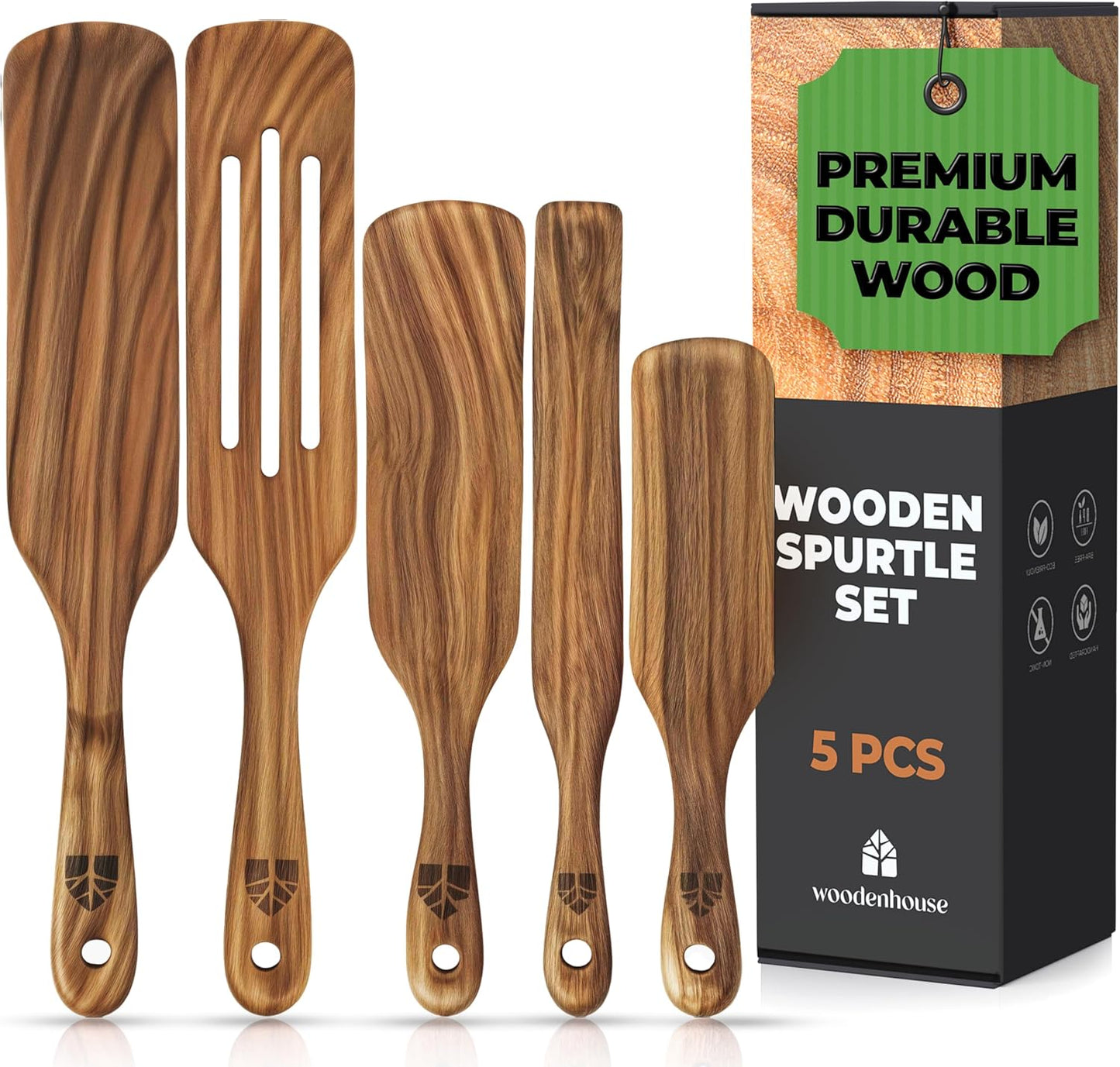 Wooden Spurtle Set, Teak Spurtles Kitchen Tools, Wooden Spatula for Cooking, Wood Utensils Set of 5, Non Stick Cookware for Serving, Stirring, Mixing, Scraping, Scooping, Healthy and Heat Resistant