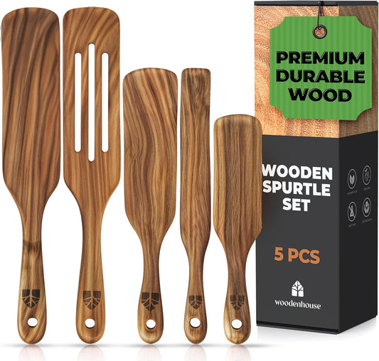 Wooden Spurtle Set, Teak Spurtles Kitchen Tools, Wooden Spatula for Cooking, Wood Utensils Set of 5, Non Stick Cookware for Serving, Stirring, Mixing, Scraping, Scooping, Healthy and Heat Resistant