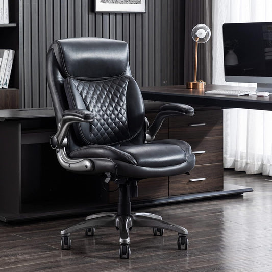 Amazon Basics Ergonomic Desk Office Chair, Flip-up Armrests, Adjustable Height, Grey Leather
