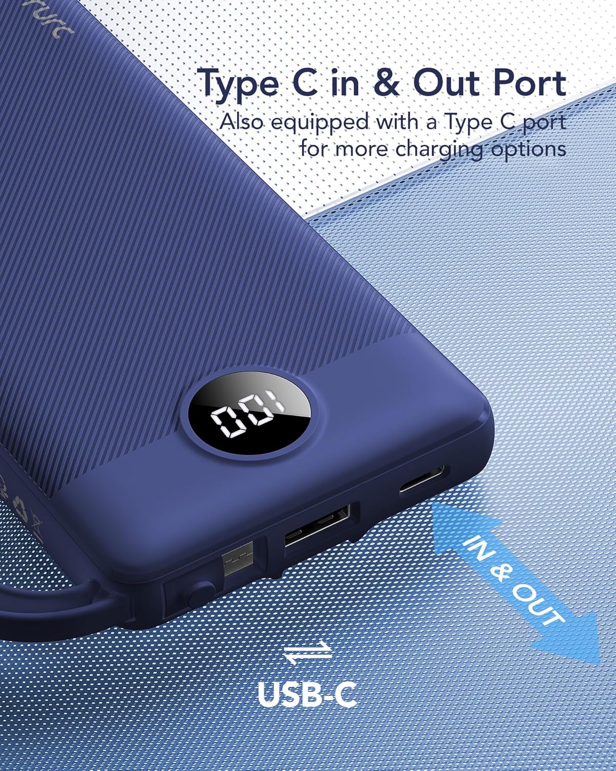 VRURC 10000mAh Power Bank Built-in Cables, Portable Charger with LED Display, Slim Intelligent Travel Battery Pack with Cords, 5 Output Dual Input Phone Charger for Cell Phone Smart Devcies-Blue