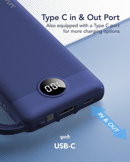 VRURC 10000mAh Power Bank Built-in Cables, Portable Charger with LED Display, Slim Intelligent Travel Battery Pack with Cords, 5 Output Dual Input Phone Charger for Cell Phone Smart Devcies-Blue