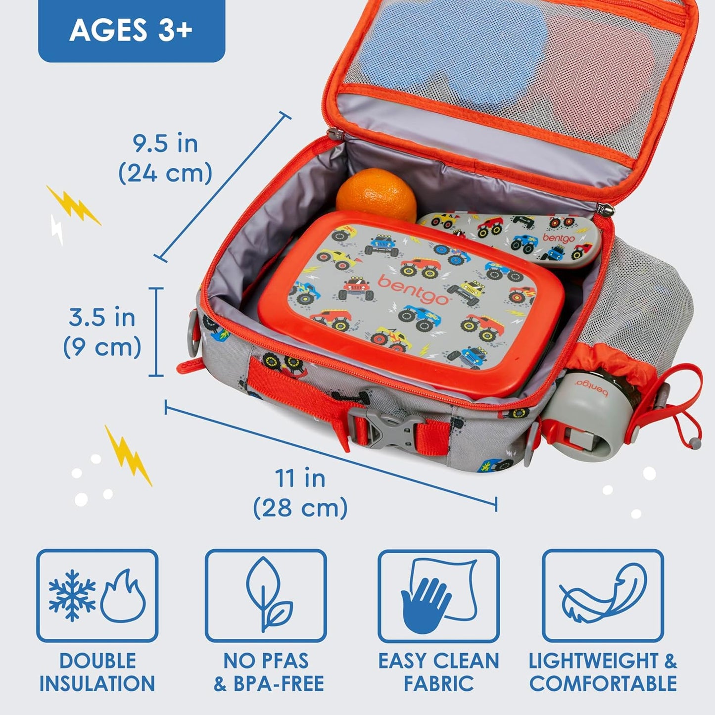 Bentgo® Kids Lunch Bag - Durable, Double Insulated, Water-Resistant Fabric, Interior & Exterior Zippered Pockets, Water Bottle Holder - Ideal for Children 3+ (Shark)
