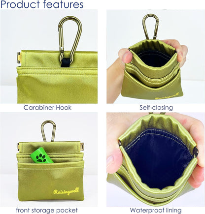 Raisingwell Dog Treat Pouch, Black Pocket Sized Pet Training Pouch, Cotton Fabric, Hand Free Dog Walking Bag with Carabiner, Self-Closing Pet Feed Snack Reward, for Pet Puppy Travel or Outdoor Use