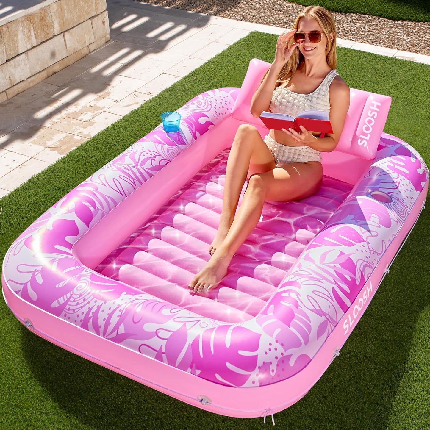 Sloosh Inflatable Tanning Pool Lounger Float-XL, 85" x 57" Extra Large Suntan Sun Tan tub for Adults, Bed Blow up, Raft Lounge Floatie, XL-Blue