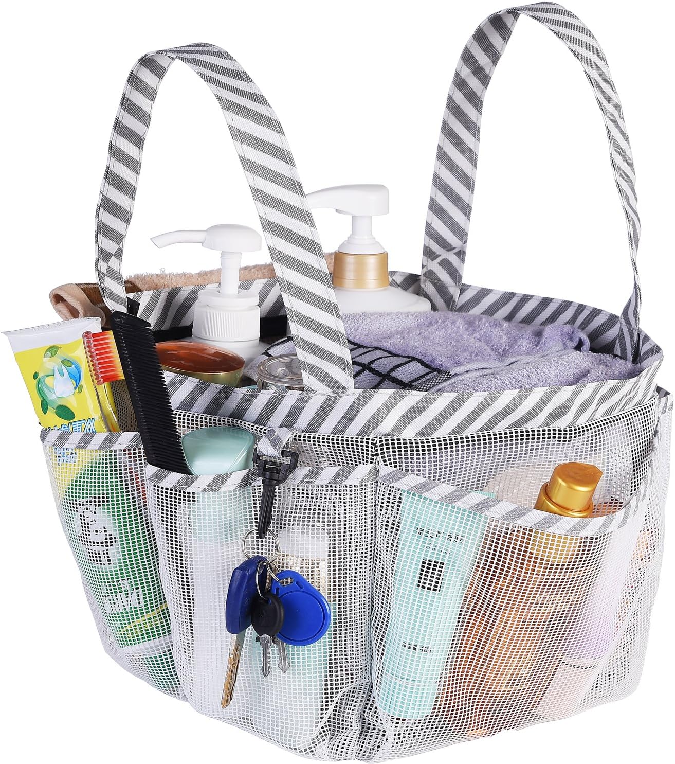 Mesh Shower Caddy Tote, Large College Dorm Bathroom Caddy Organizer with Key Hook and 2 Oxford Handles, Quick Hold, 8 Basket Pockets for Camp Gym