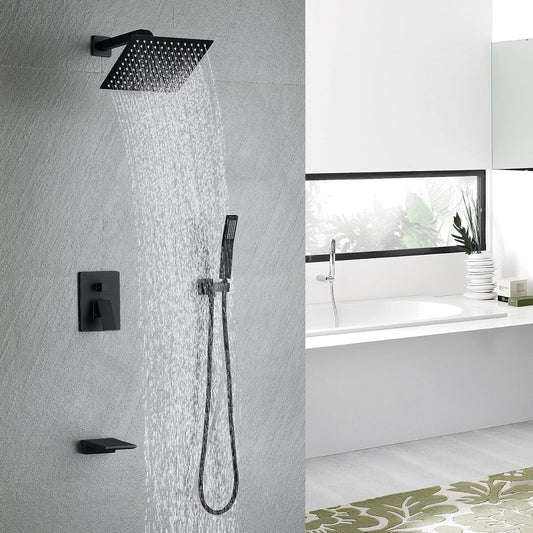 Bathtub Shower System Matte Black Tub Shower Faucet Complete Set with 10 Inch Rain Head with Handheld and Waterfall Shower Faucet Combo - PuriLite
