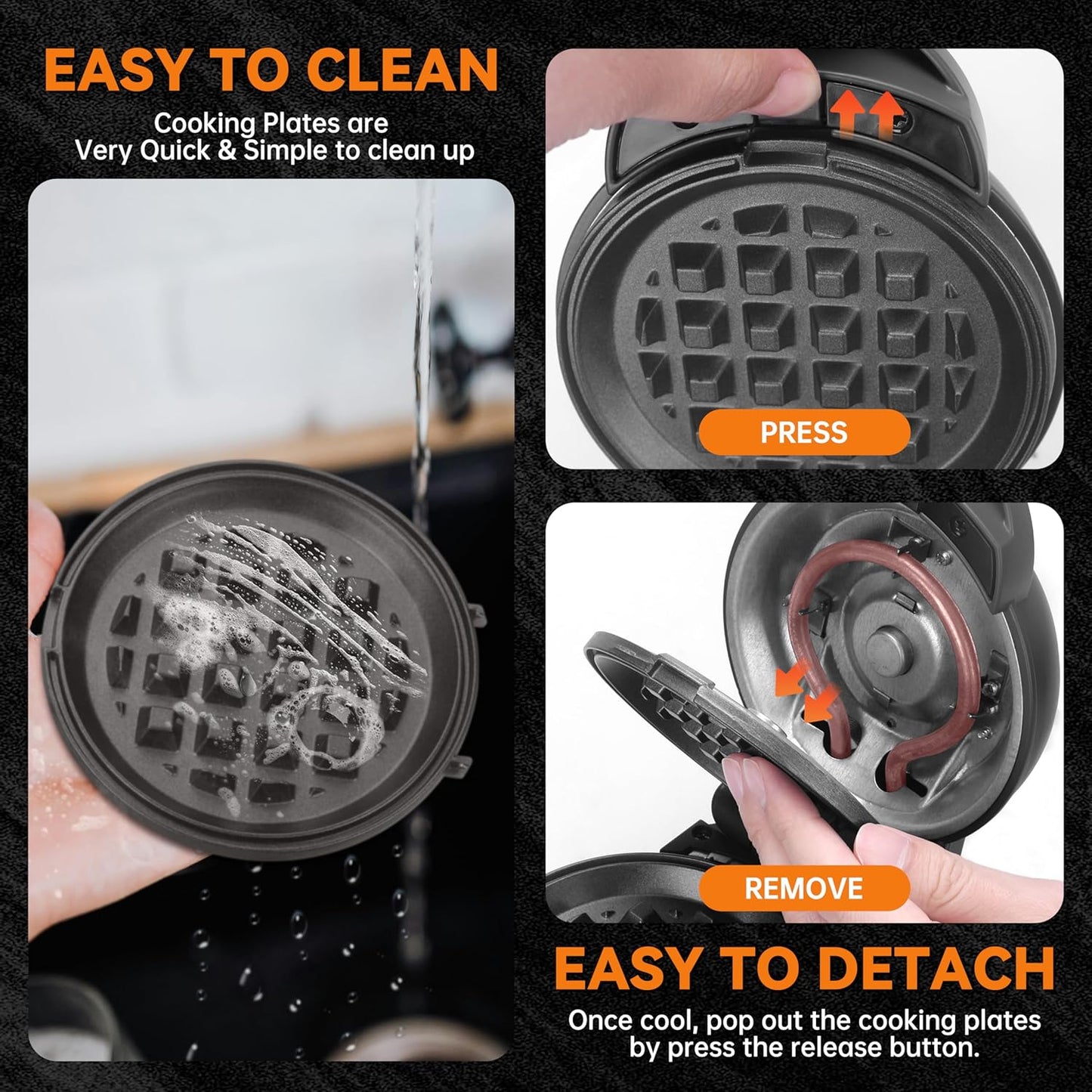 Baker's Friend 4 in 1 Mini Waffle Maker With Removable Plates - Pancake, Donut, Heart Shape and Small Waffle Maker Set - Recipe Included, Graphite