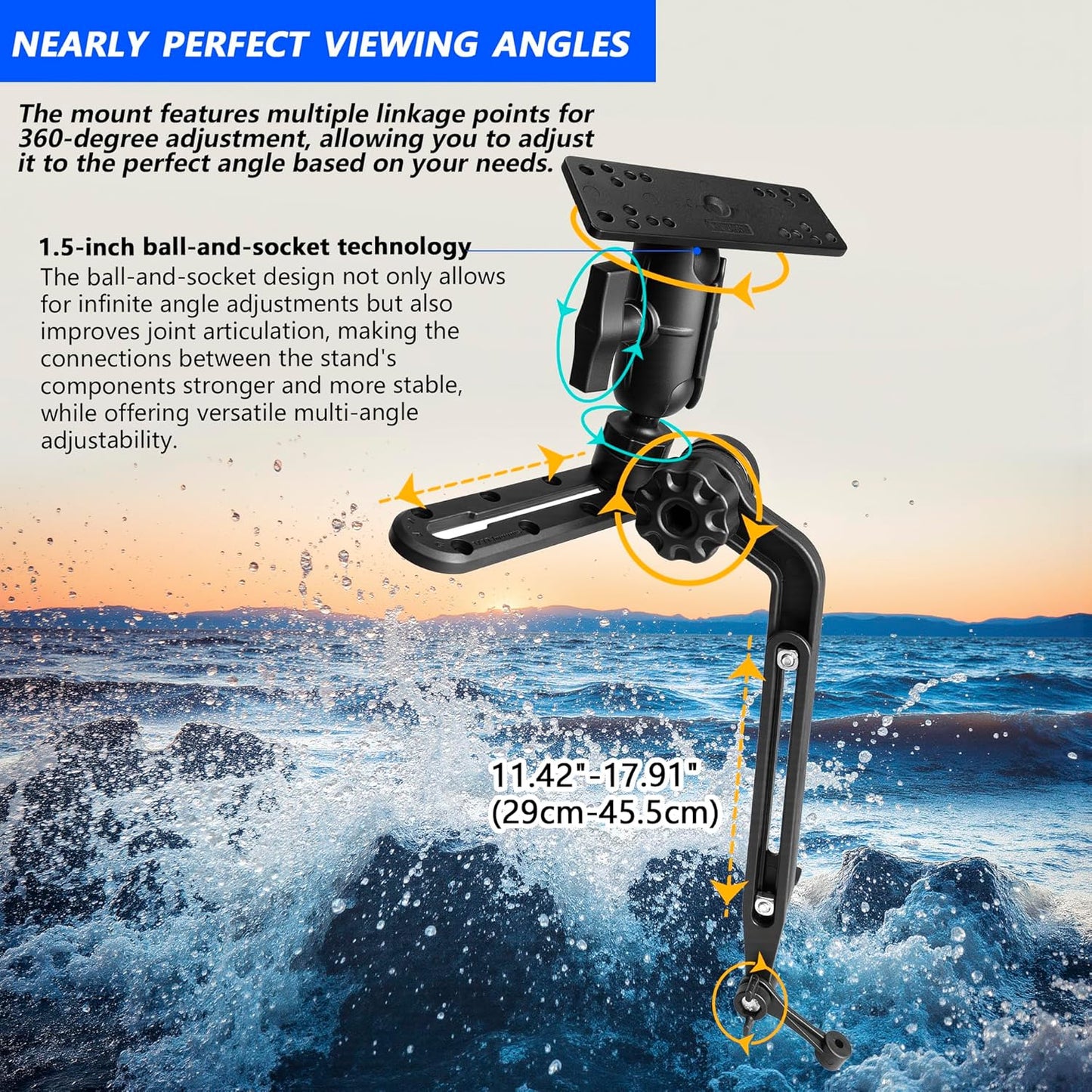 Velpaw 1.5" Ball Kayak Fish Finder Mount with Transducer Mounting Arm, Marine Electronic Mount Plate with Low Profile Track, Compatible with RAM Mounts, Scotty, Lowrance, Garmin