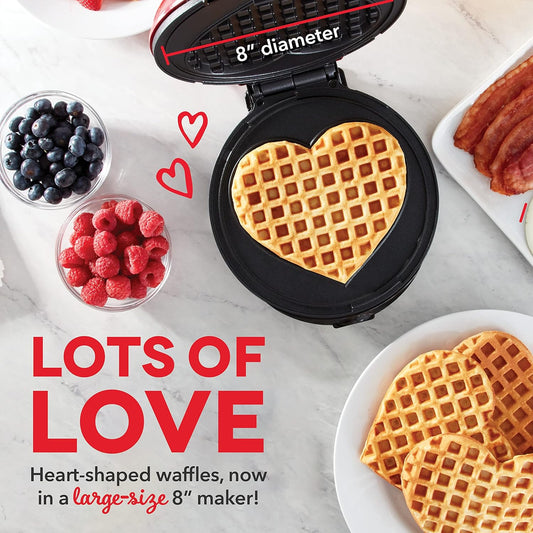 Dash Express 8” Waffle Maker for Waffles, Paninis, Hash Browns + other Breakfast, Lunch, or Snacks, with Easy Clean, Dual Non-Stick Surfaces - Red Heart - PuriLite