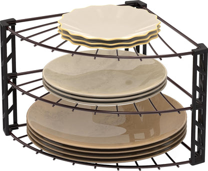 SimpleHouseware 3-Tier Corner Shelf Plate Rack for Counter and Cabinet Organizer, Bronze