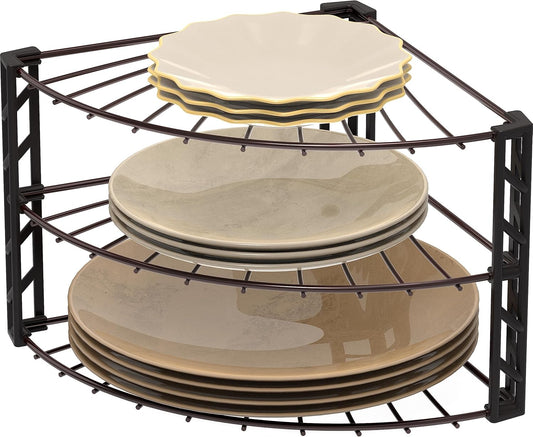 SimpleHouseware 3-Tier Corner Shelf Plate Rack for Counter and Cabinet Organizer, Bronze