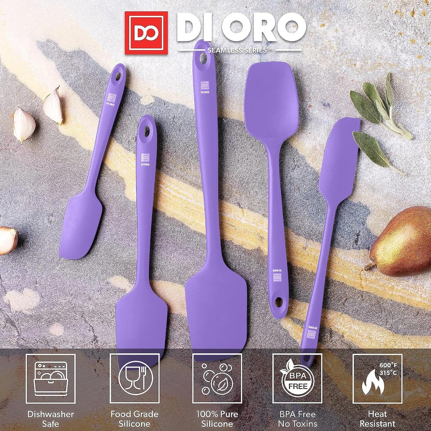 DI ORO Silicone Spatula Set - Rubber Kitchen Spatulas for Baking, Cooking, & Mixing - 600°F Heat-Resistant & BPA Free Silicone Scraper Spatulas for Nonstick Cookware - Dishwasher Safe (5pc, Black)