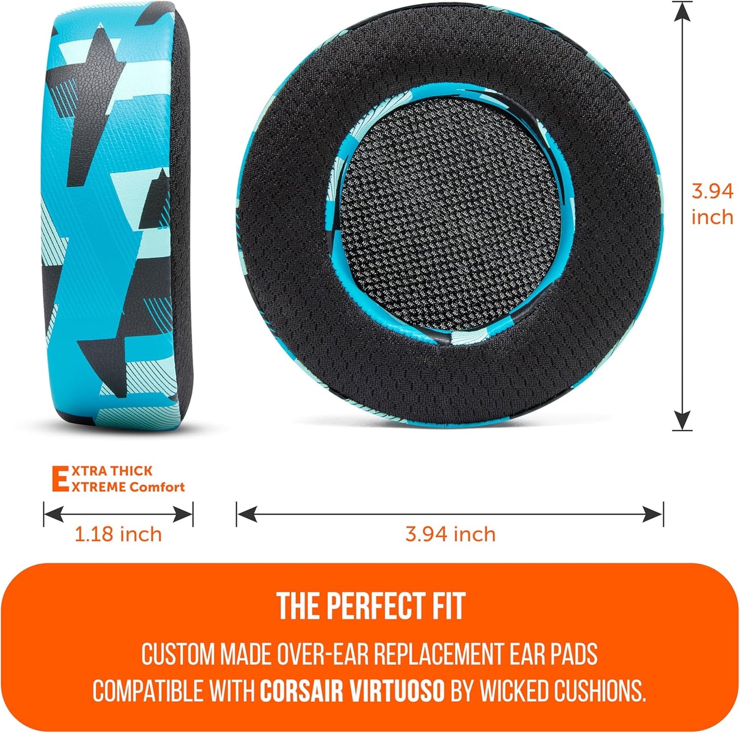 WC Freeze Virtuoso - Hybrid Fabric Cooling Gel Replacement Earpads for Corsair Virtuoso Gaming Headset, Made by Wicked Cushions, Improved Durability, Thickness and Sound Isolation |90s Black
