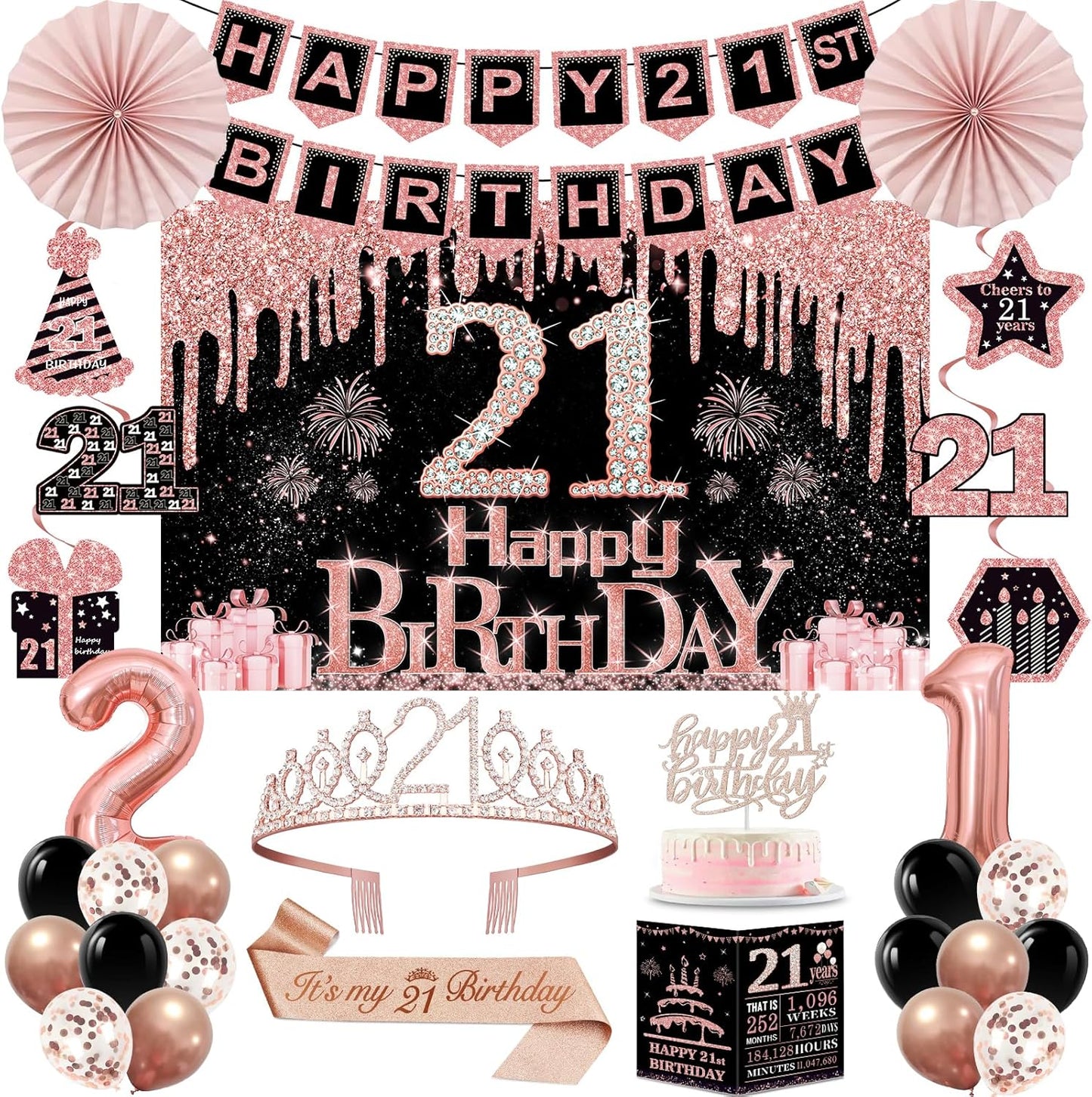 40th Birthday Decorations for Women,32pcs 40th Birthday Party Decorations,Including Backdrop, Crown,Sash,banner, Hanging Swirl,Cake Topper,balloons,Paper Fans,Anniversary Card and paper fans