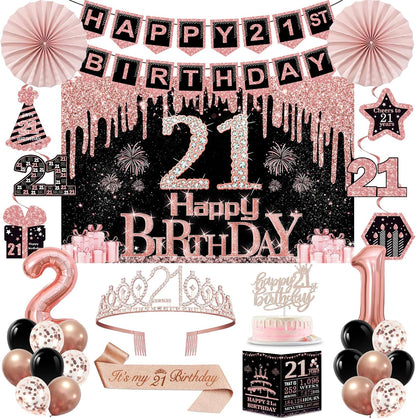 40th Birthday Decorations for Women,32pcs 40th Birthday Party Decorations,Including Backdrop, Crown,Sash,banner, Hanging Swirl,Cake Topper,balloons,Paper Fans,Anniversary Card and paper fans