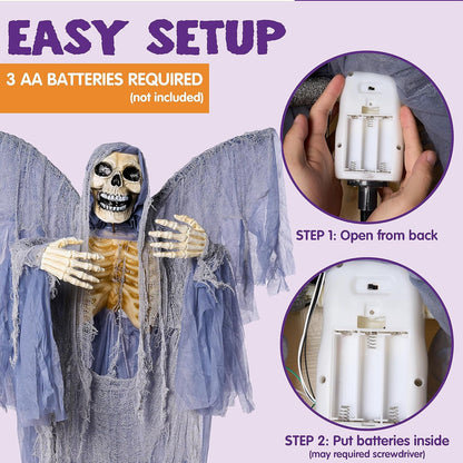 JOYIN 67" Halloween Animatronic Grim Reaper Decoration with Wings, Life Size Standing Animated Ghost with Light-Up Eyes, Creepy Sound, and Movable Body for Halloween Haunted House Decorations