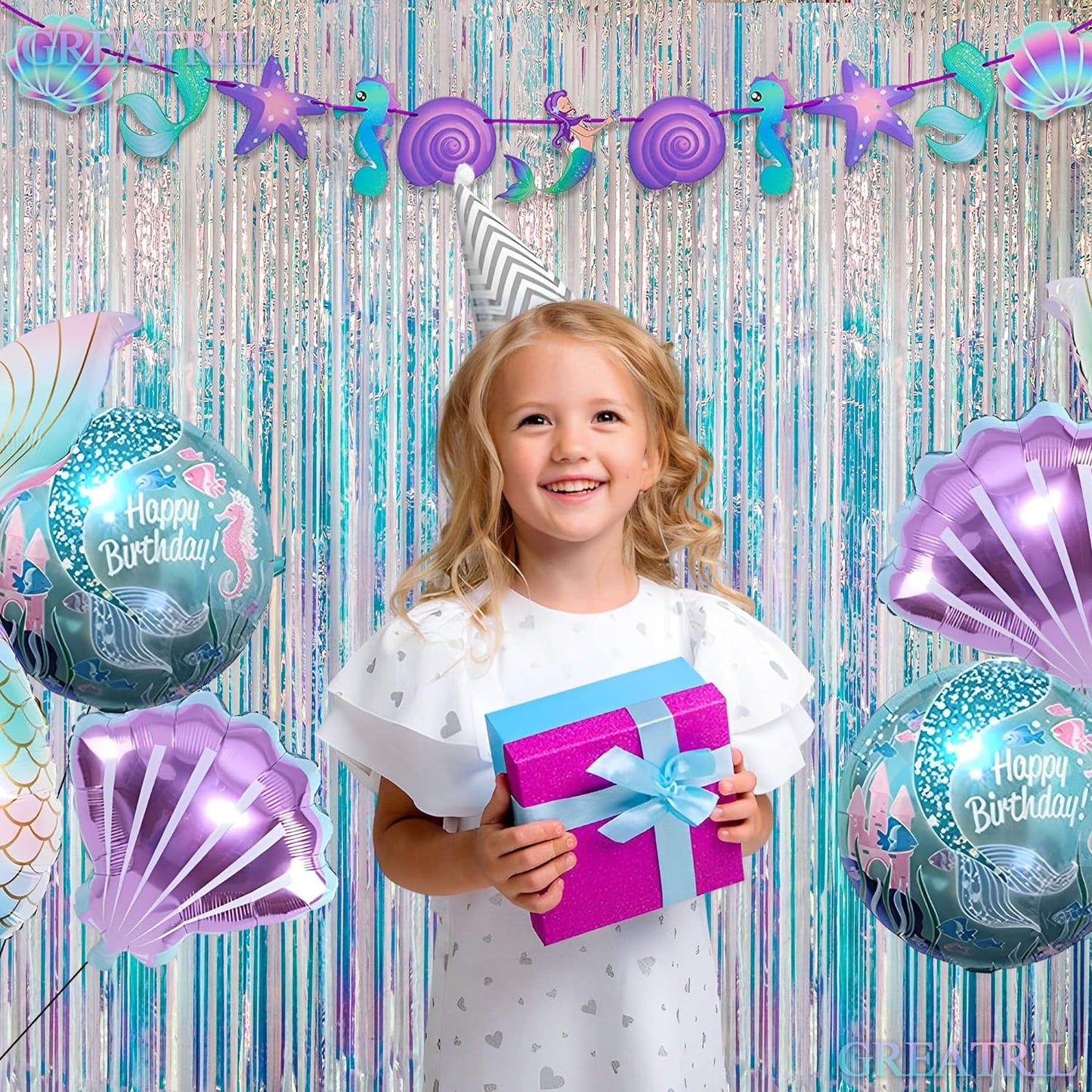 GREATRIL Iridescent Party Tinsel Fringe Backdrop Decorations - Holographic Foil Streamers Curtain for Mermaid/Under The Sea/Frozen/Ocean/Disco/Birthday Themed 3.2ft x 6.5ft - 2 PCS