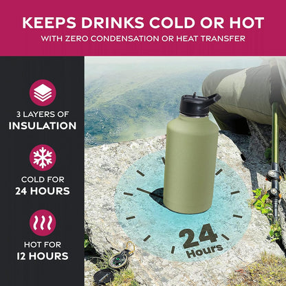 FineDine Water Bottle - Stainless Steel Insulated Water Bottle with Straw Lid, Flip Lid & Wide-Mouth Cap - Keeps Hot and Cold - 25 Oz / 739ml - Pure Pearly White