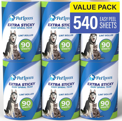 PetLovers Extra Sticky Lint Roller Mega Value Set for Pet Hair Removal, Dog and Cat Lint Remover (1 Pack Reusable)