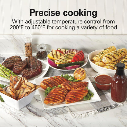 Hamilton Beach Electric Indoor Searing Grill with Viewing Window,Removable Easy-to-Clean Nonstick Plate, 6-Serving, Extra-Large Drip Tray, Stainless Steel, 25361