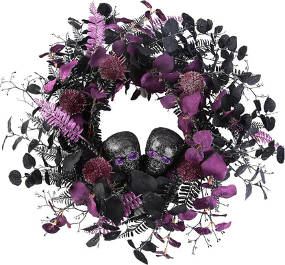 BINFEN 20" Halloween Wreaths for Front Door, Black Glitter Skulls Purple Eucalyptus Leaves Halloween Horror Decor, Gothic Party Room Decoration