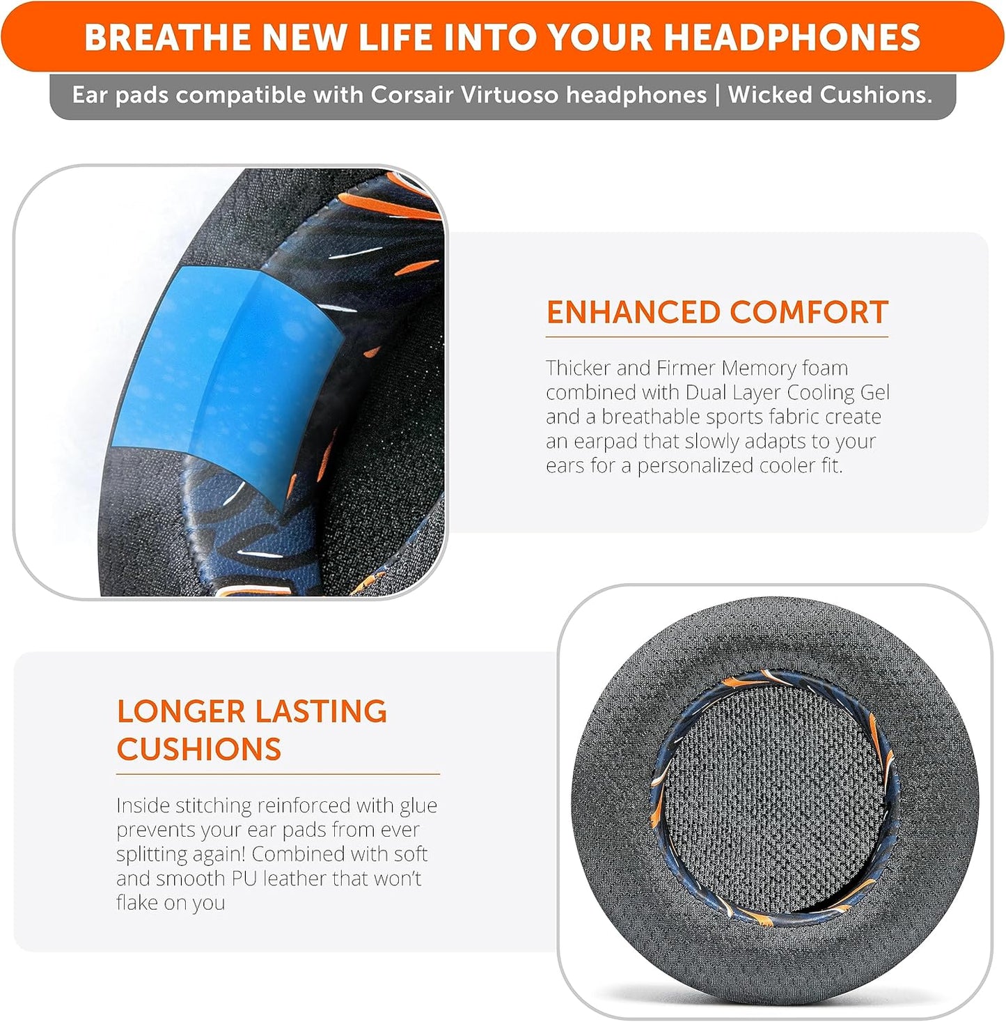 WC Freeze Virtuoso - Hybrid Fabric Cooling Gel Replacement Earpads for Corsair Virtuoso Gaming Headset, Made by Wicked Cushions, Improved Durability, Thickness and Sound Isolation |90s Black