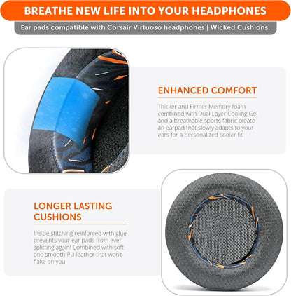 WC Freeze Virtuoso - Hybrid Fabric Cooling Gel Replacement Earpads for Corsair Virtuoso Gaming Headset, Made by Wicked Cushions, Improved Durability, Thickness and Sound Isolation |90s Black