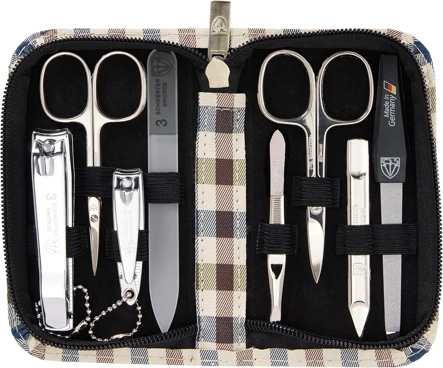 3 Swords Germany - brand quality 8 piece manicure pedicure grooming kit set for professional finger & toe nail care scissors clipper fashion leather case camou in gift box, Made in Germany